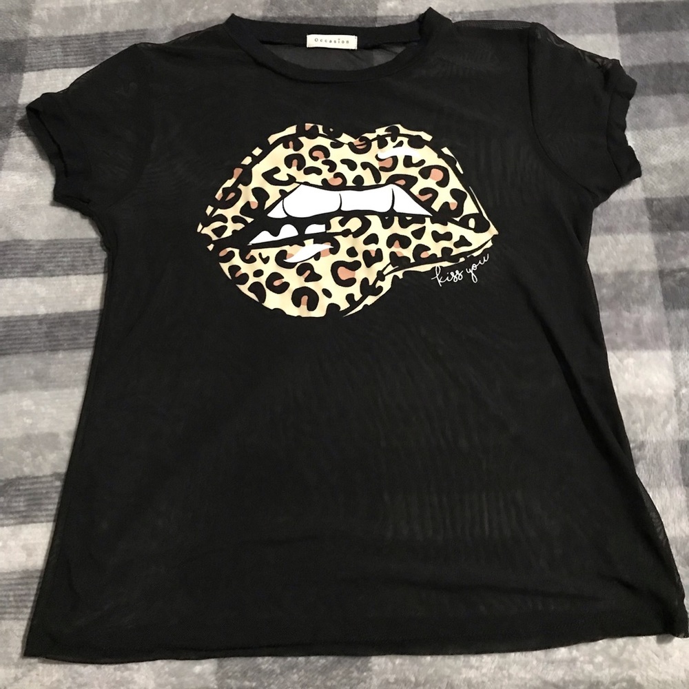 Women’s Black Mesh Top w Leopard Print Mouth Decal by Occasion